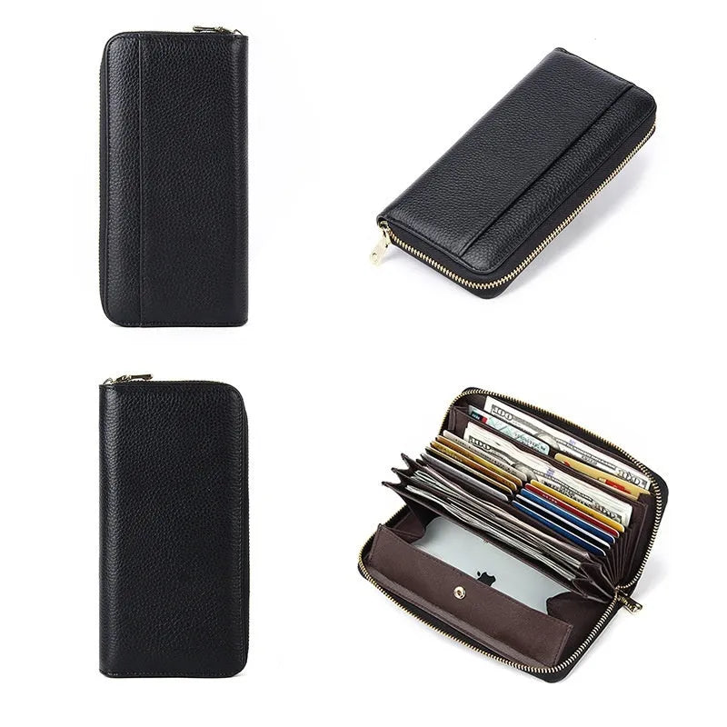 Long genuine leather women's wallet showing interior organisation and RFID protection feature