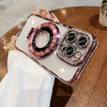 Transparent silicone phone case with rhinestone frame and built-in magnetic bracket for Apple iPhone.
