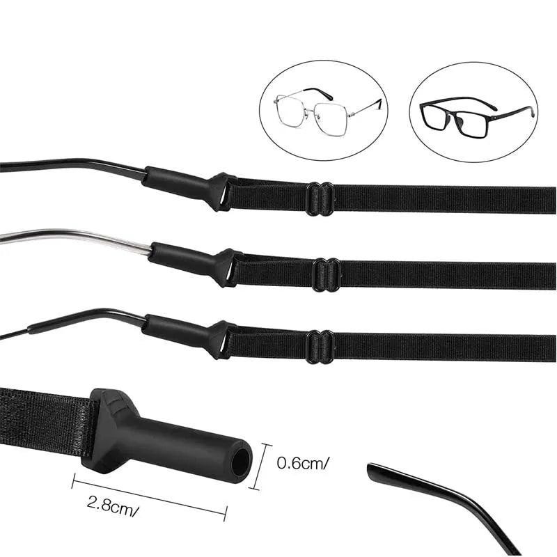 Black adjustable glasses cord with silicone earpiece clips shown on spectacles