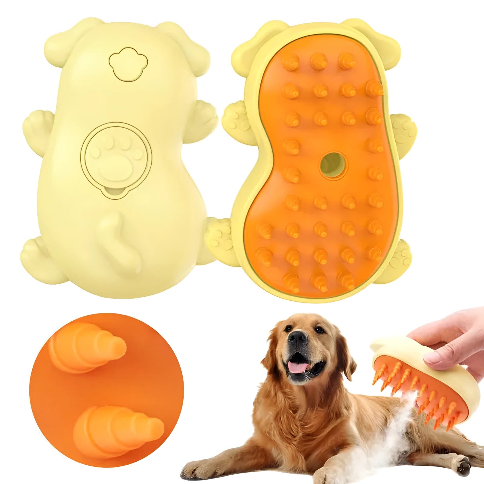 3-in-1 steamy pet brush with button for grooming cats and dogs, showing medium-sized handle.