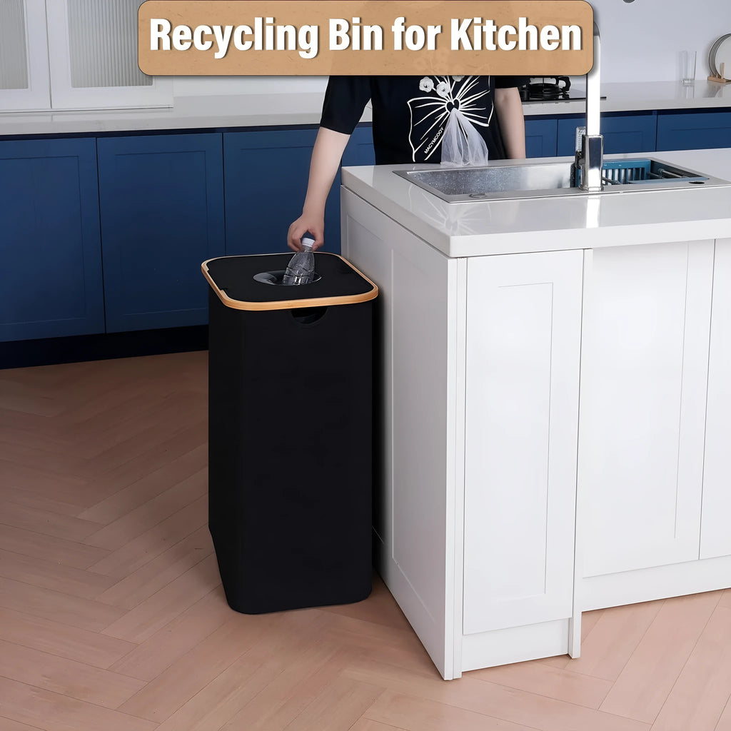 Black bamboo laundry basket with removable lid showing double inner pockets and ventilation holes