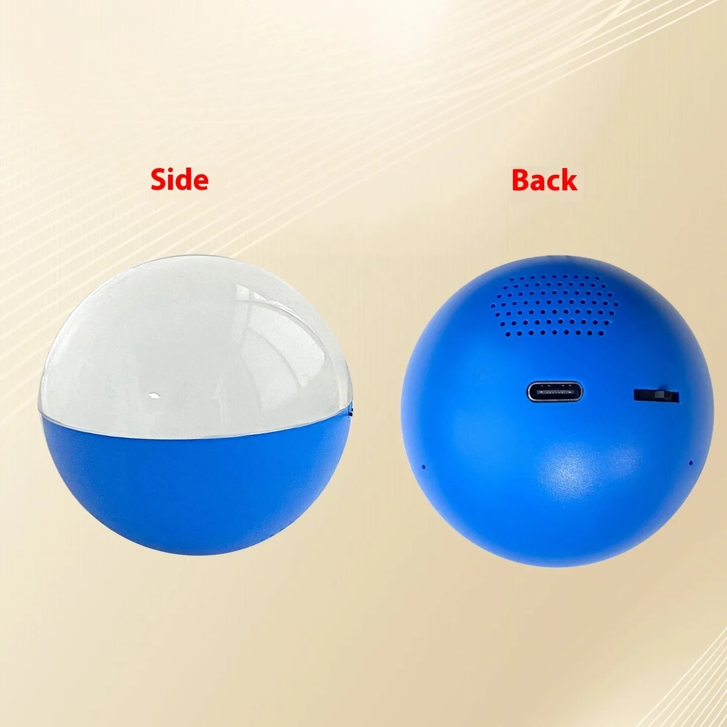 Electronic ball-shaped video player with round screen showing video playback, measuring 70x70mm