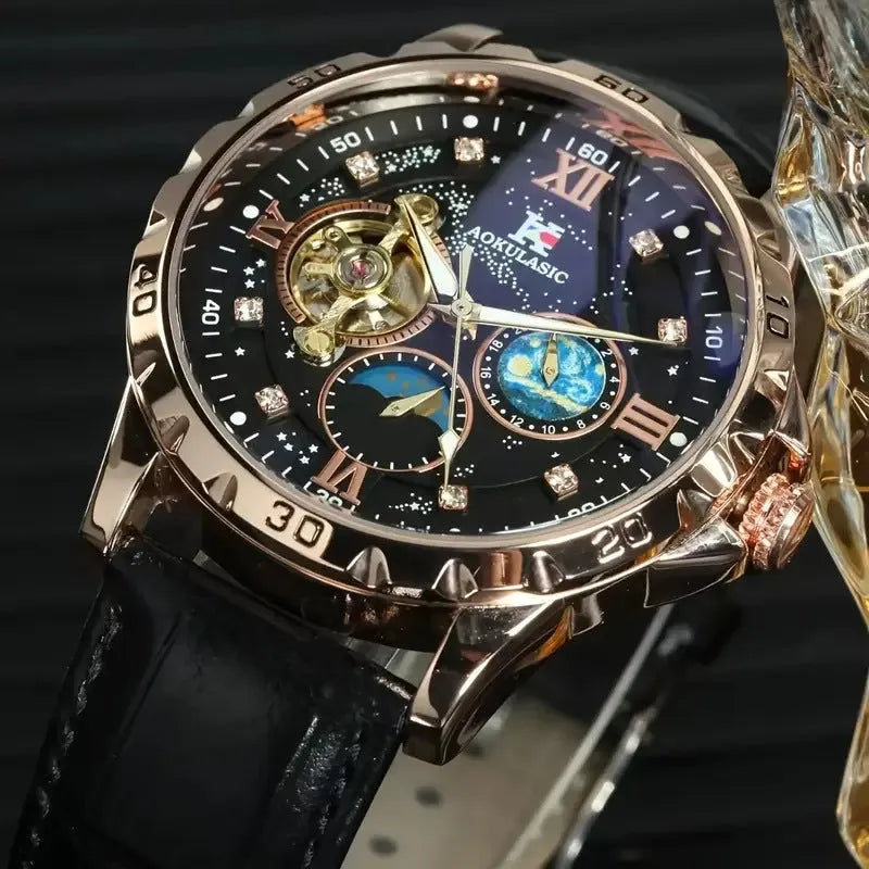 Men's automatic mechanical watch with hollow dial showing movement, black leather strap, rose gold case