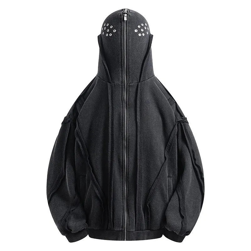 Black retro-style loose fit cotton cardigan coat with zip front, hood, and abstract pattern.