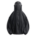 Black retro-style loose fit cotton cardigan coat with zip front, hood, and abstract pattern.