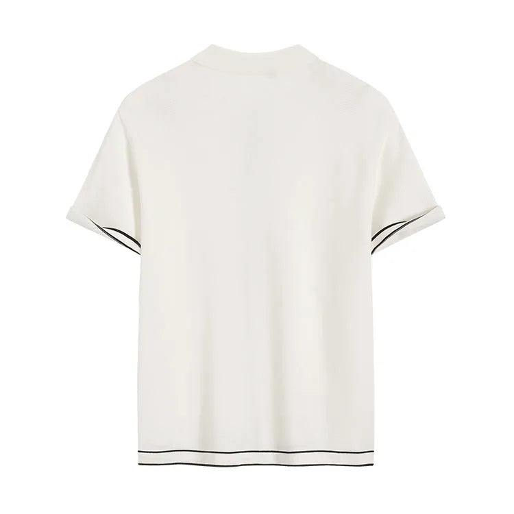 White short sleeve cardigan with contrast lapels in Old Money style made of polyester viscose blend