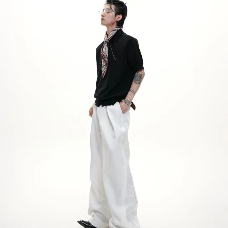 Men's slim-fit knitted polo shirt with diagonal zipper in black, grey or white colour options
