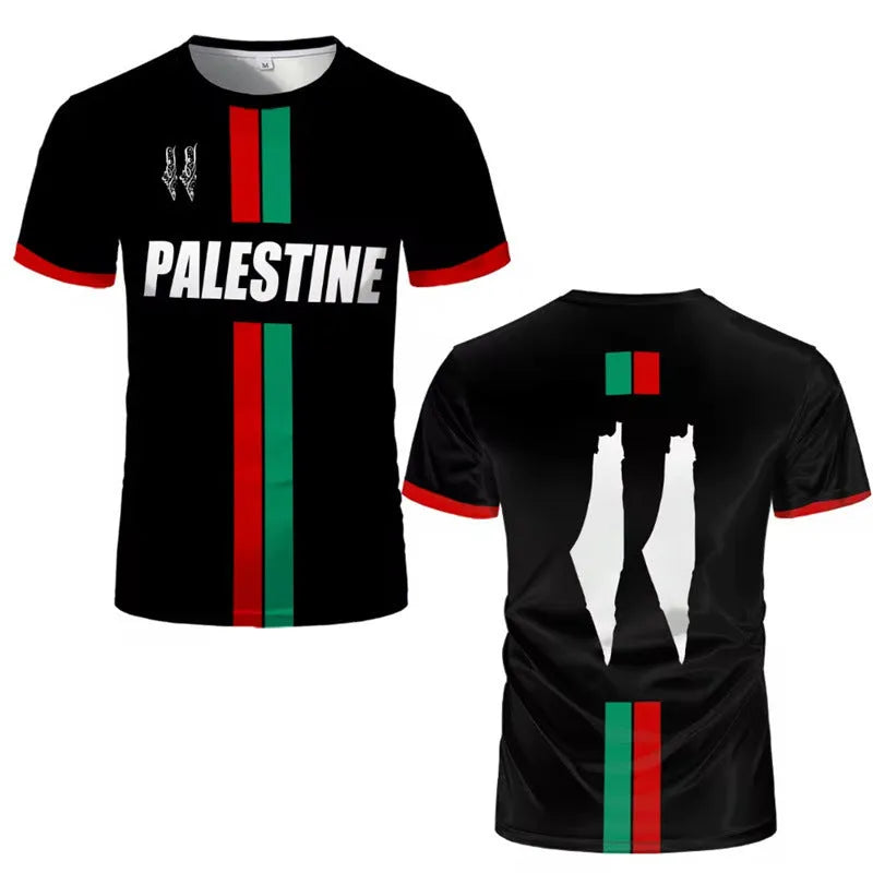 Black 3D printed football t-shirt with raised graphic on a mannequin, showing half sleeves and streetwear style.