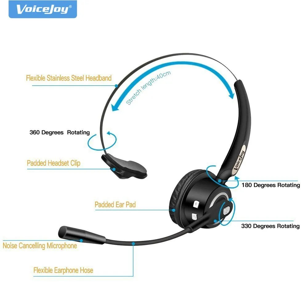 Over-ear Bluetooth headset with microphone for truck drivers and office noise cancellation
