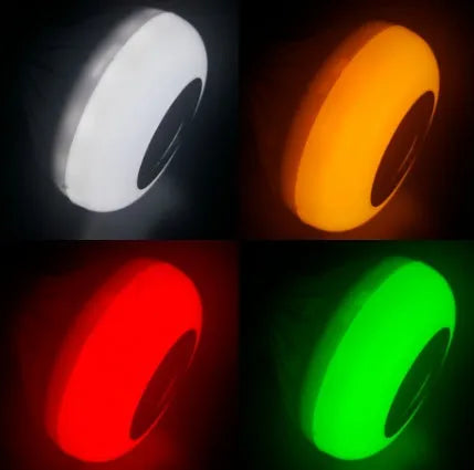 White smart LED bulb with E27 base featuring Bluetooth speaker and remote for colour control.