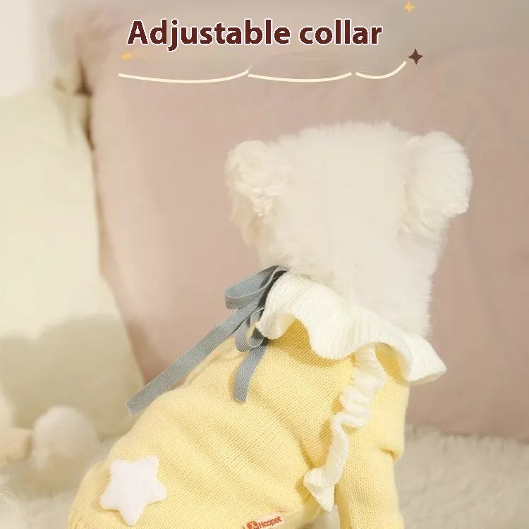 Yellow or patterned fairy dress acrylic knit sweater for small dogs on a mannequin.