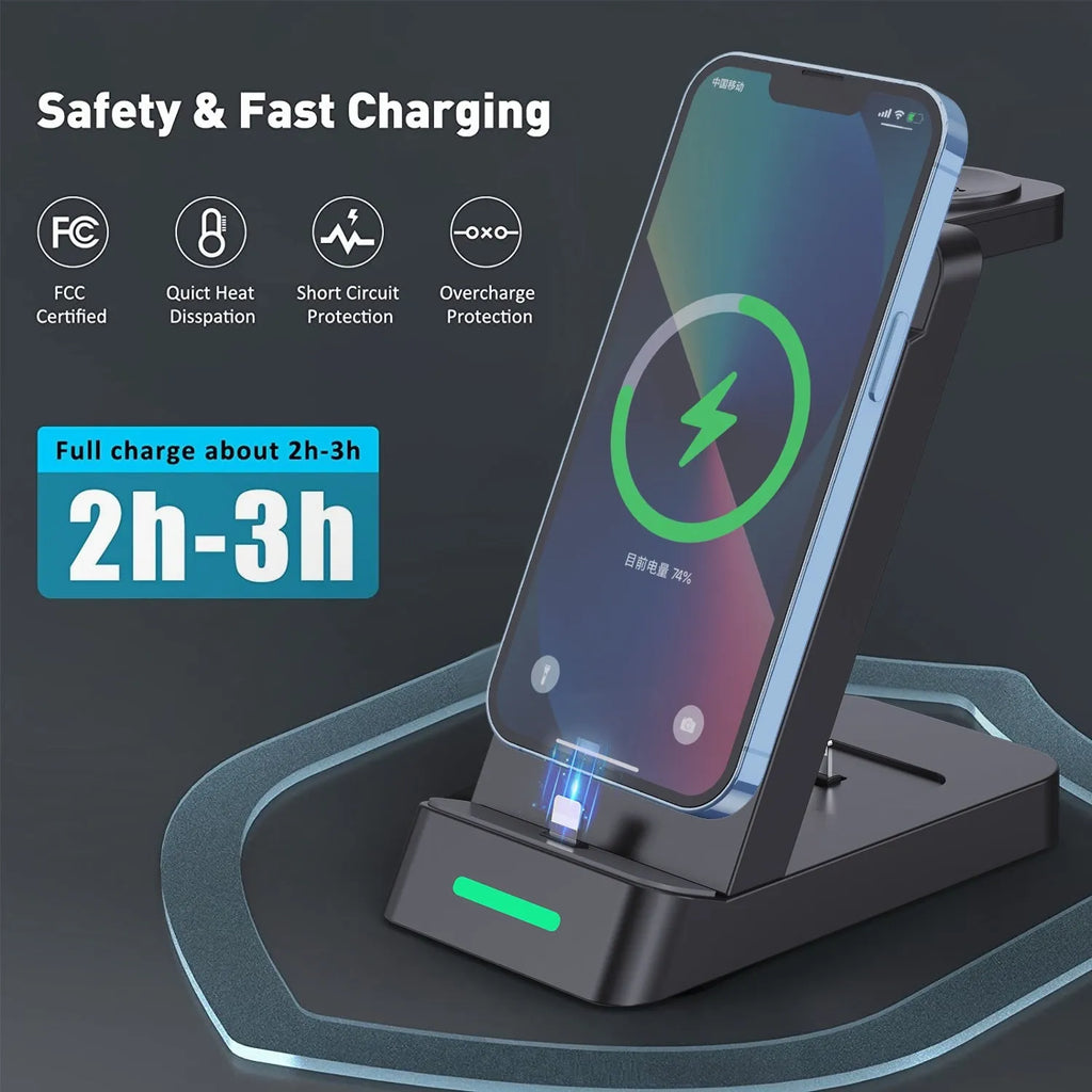 Black and white 65W three-in-one wireless charging dock for iPhone, Samsung, AirPods, and iWatch on a desk.