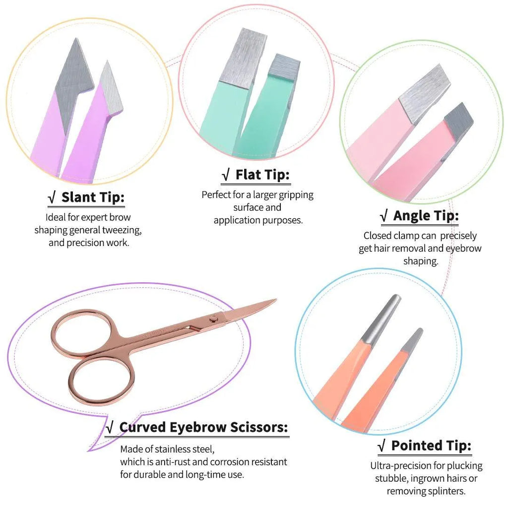 6-piece stainless steel eyebrow tweezers set with scissors, brush, and leather protective case