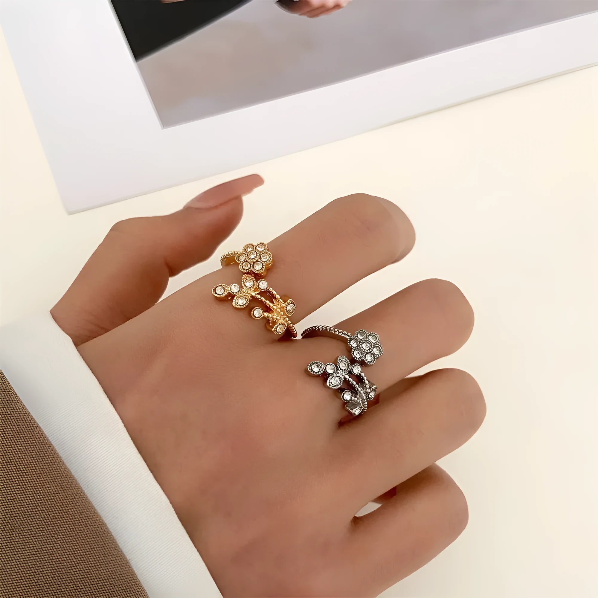 Women's open ring with diamond flower leaves design in copper, gold or white colour options