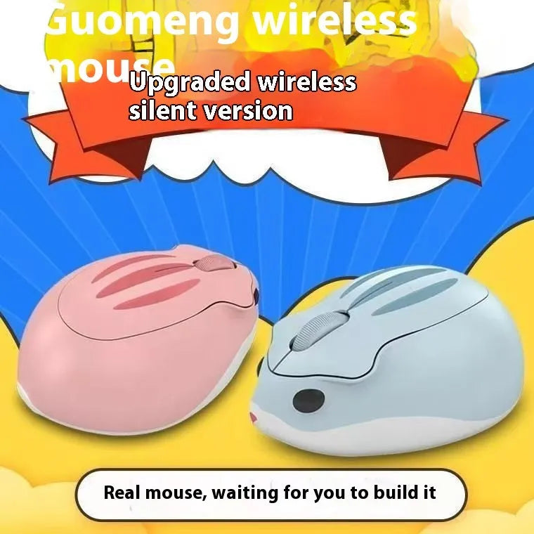 Hamster Wireless Mute Mouse in yellow, pink, and gray colour options, showing its compact size.