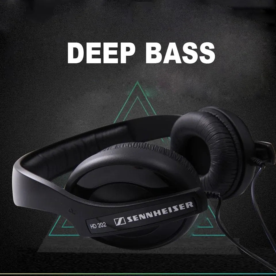 Black head mounted headphones with over-ear cups, a built-in microphone, and a 3.5mm plug.