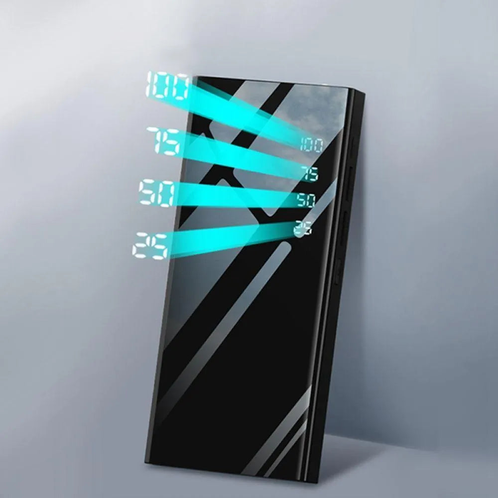 20000mAh portable power bank with LCD screen, dual USB ports, and LED torch in black, red, or white.