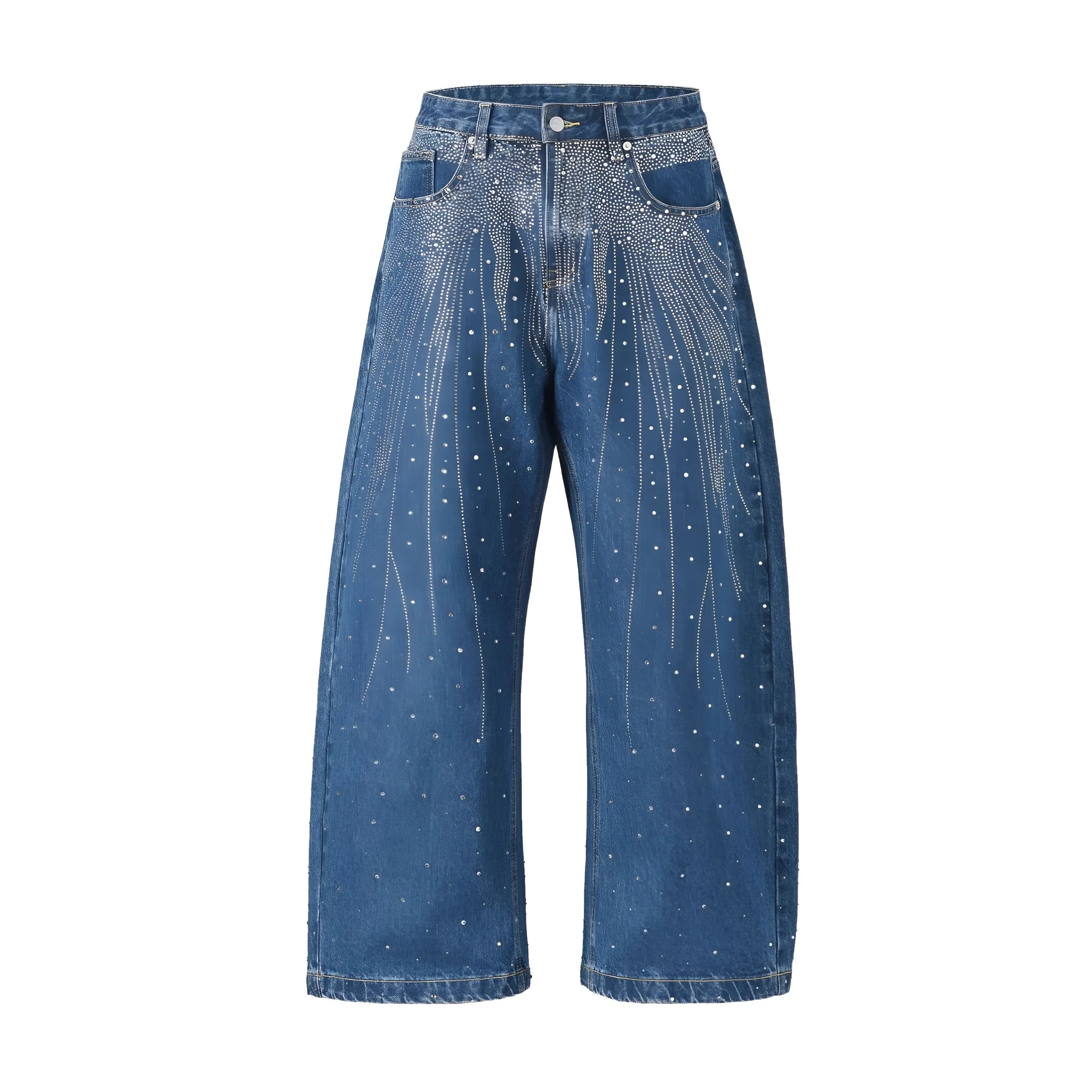Blue loose-fit wide-leg high street trousers showing waist sizes 30-36 with pullover styling