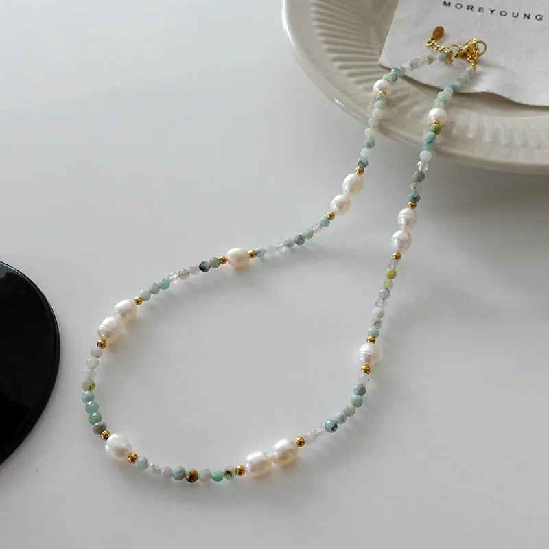 Natural stone and pearl bead necklace with brass thick gold-plated chain and alloy pendant, 40cm perimeter