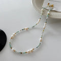 Natural stone and pearl bead necklace with brass thick gold-plated chain and alloy pendant, 40cm perimeter