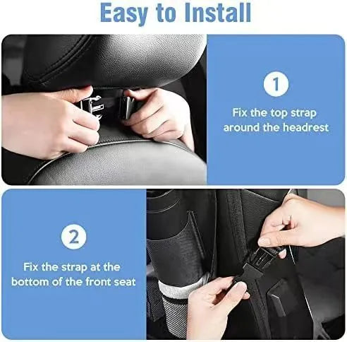 Black oxford cloth car seat back buggy bag measuring 42x30cm with hanging storage compartments
