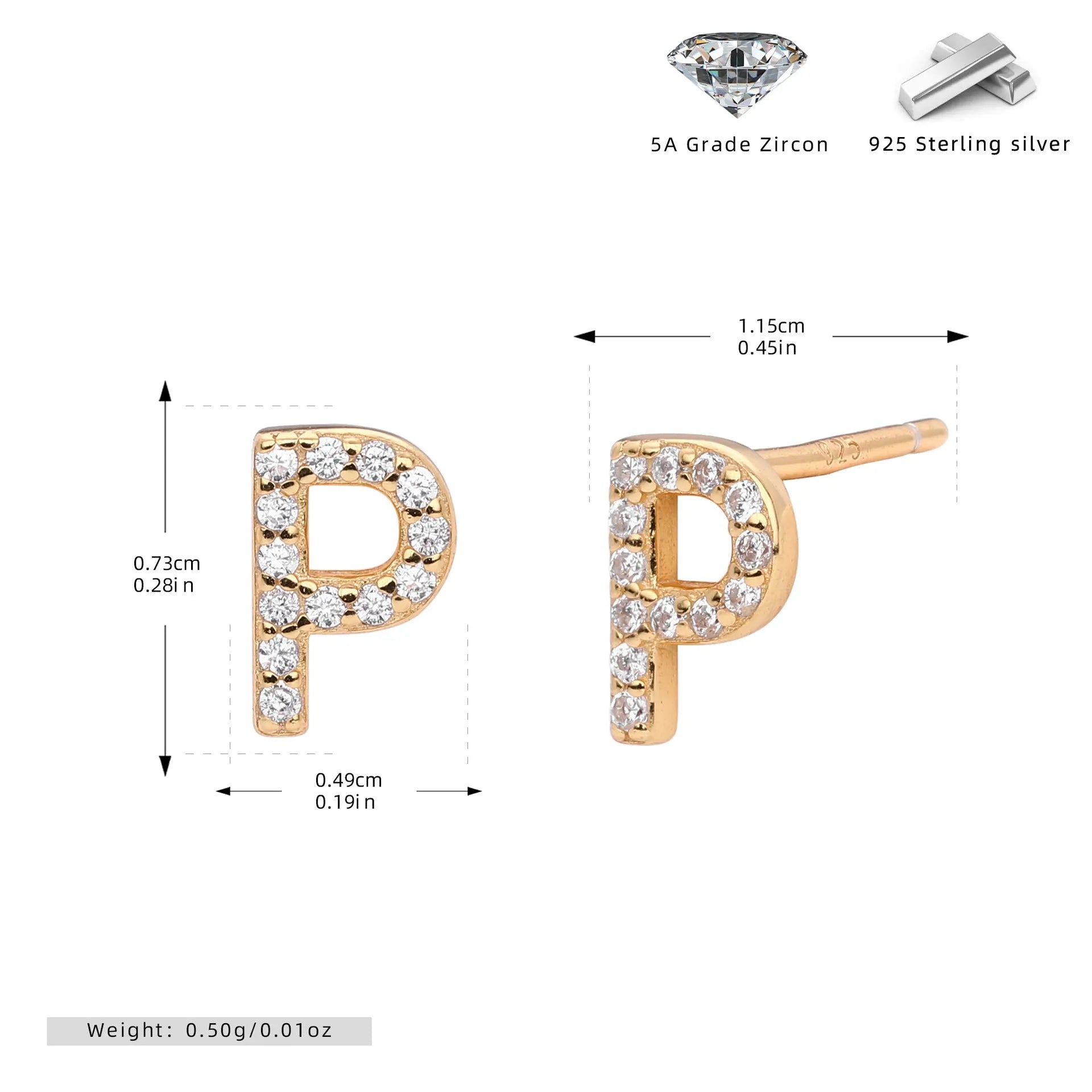 925 silver letter ear stud with electroplated gold finish, alphabet motif