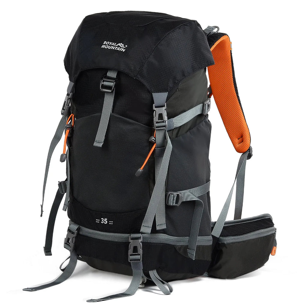 35L outdoor hiking backpack in black nylon with breathable back panel and SOS whistle
