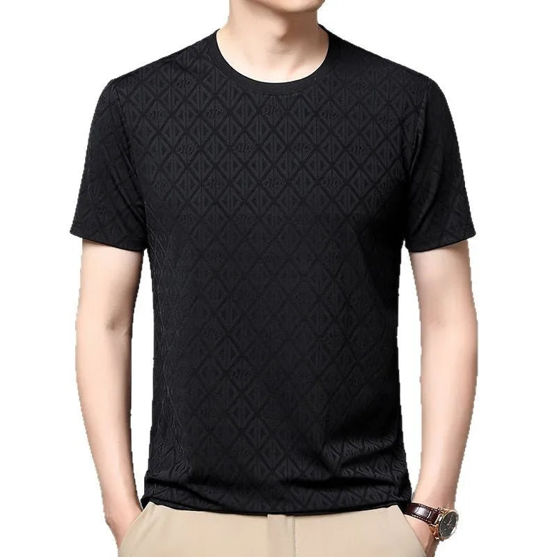 Men's black jacquard pattern short sleeve t-shirt showing loose fit and round neck design
