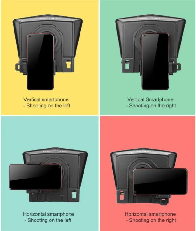 Portable small black cell phone teleprompter with adapter rings and remote control on a table