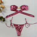 Women's glossy tube top split bikini with gold starfish print in sapphire blue colour