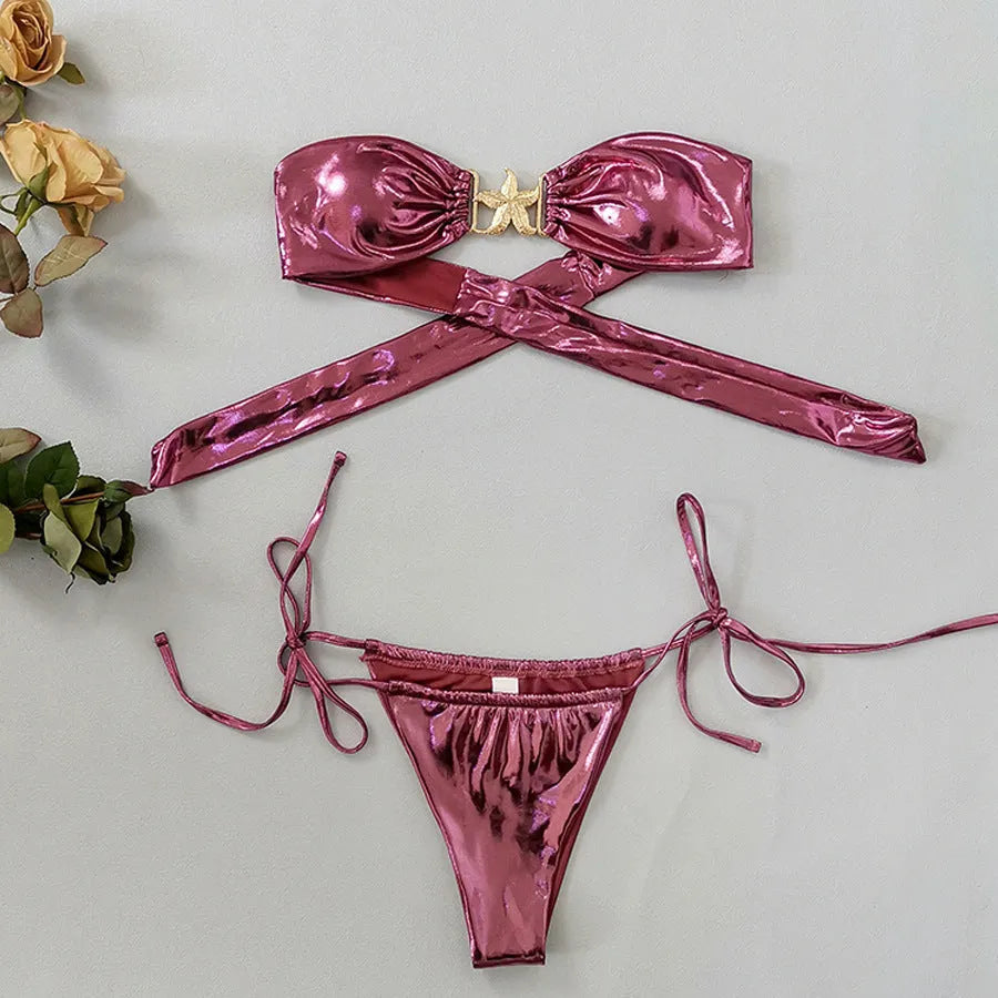 Women's glossy tube top split bikini with gold starfish print in sapphire blue colour