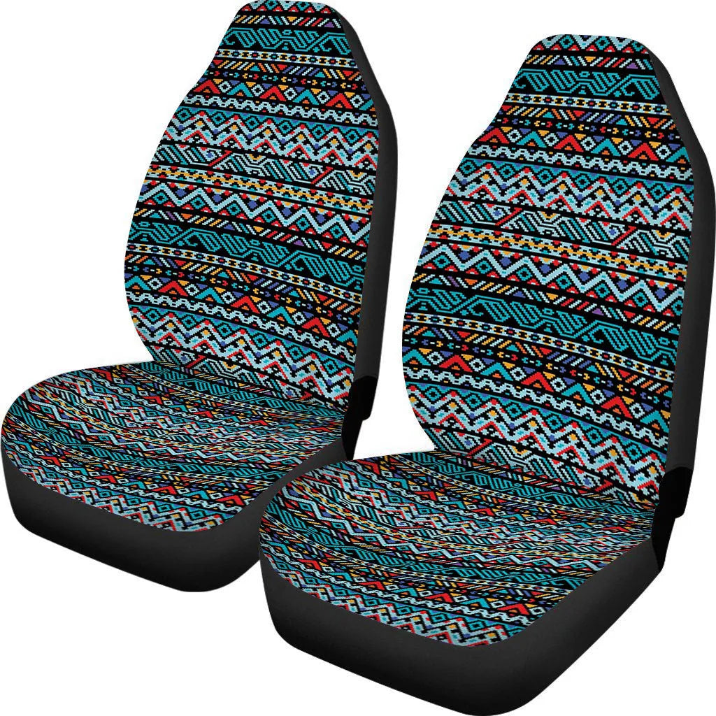 Retro cow spot leopard print pattern on a pair of universal polyester car seat covers.