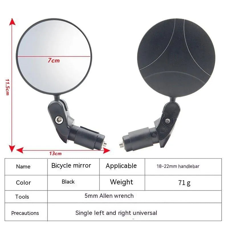 Black ABS convex rearview mirror with 7cm diameter reflector on a 14cm long arm.