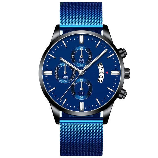 Mens stainless steel quartz watch with mesh band in two-tone colour options.