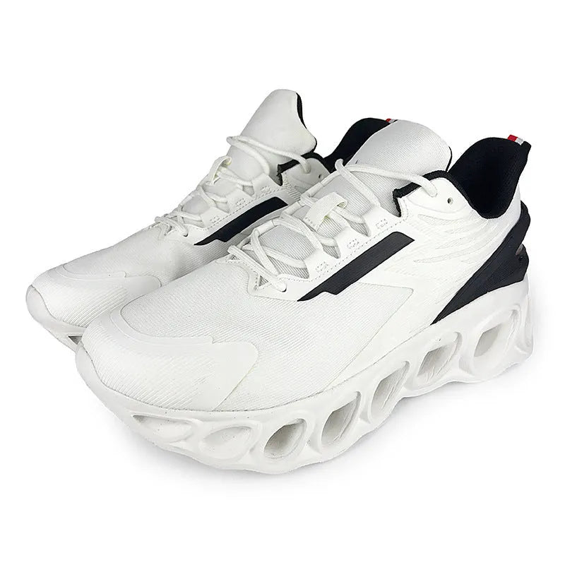Men's low top casual shoes in black with mesh upper and white lace-up closure.