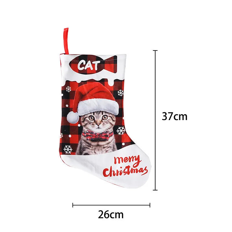 American style cloth Christmas decoration with plaid printed puppy and cat designs, size 26x36cm.