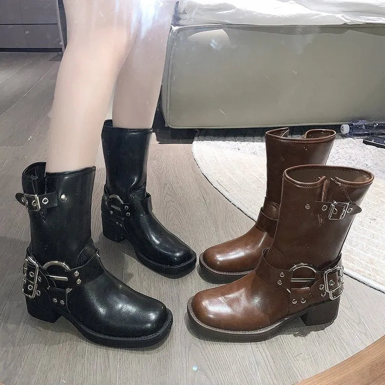 British platform women's boots with mid-calf length and belt buckle detail