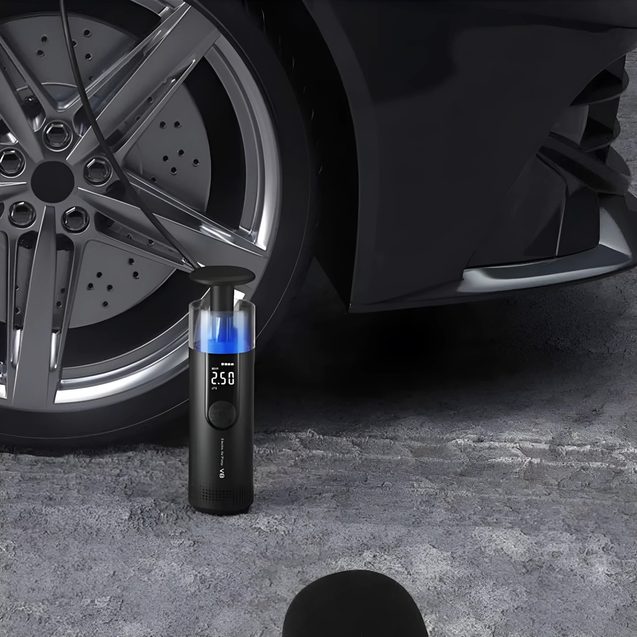 120W portable electric tyre pump with digital display and long black air hose