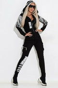 Black women's wings printing zipper hooded street casual suit with matching trousers