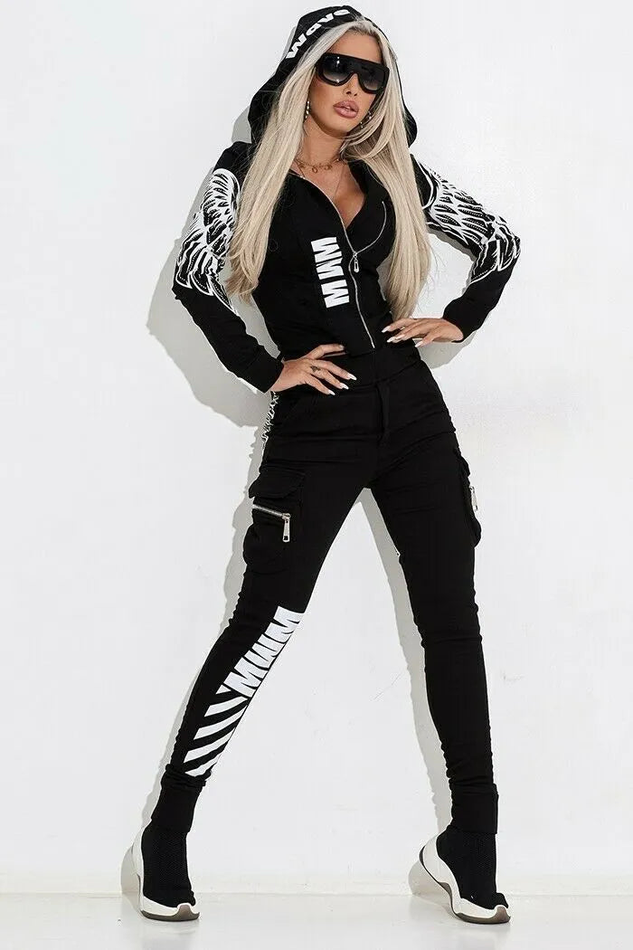 Black women's wings printing zipper hooded street casual suit with matching trousers