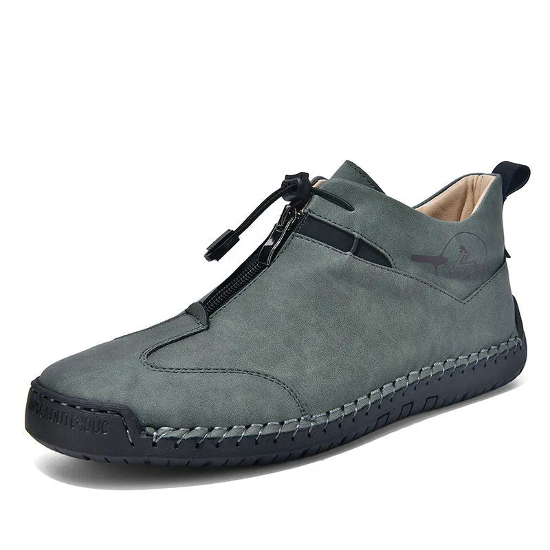 Men's casual leather shoes with round toe and 3-5cm mid-heel in black, blue, green, or khaki