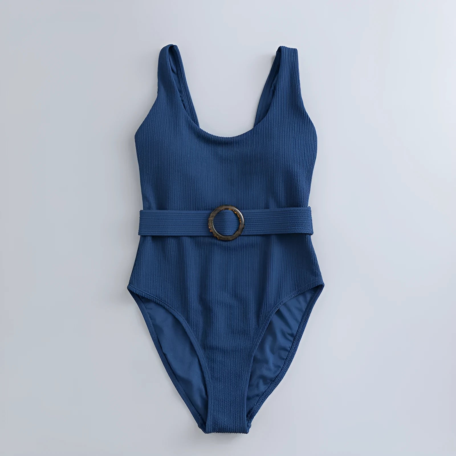 Navy blue women's one-piece swimsuit with chest padding and slim triangle design