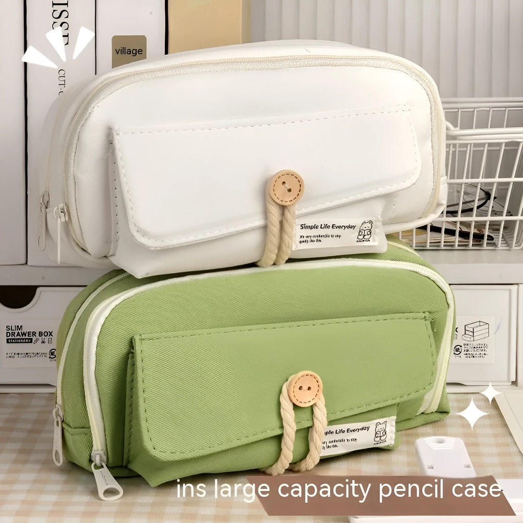 Green Korean-style canvas pencil case with zip, large enough to hold 80 pens.