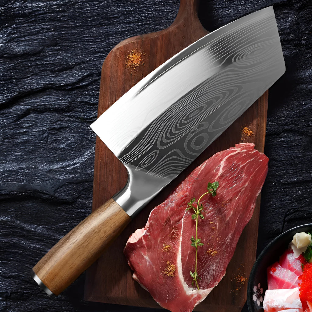 A 320mm long stainless steel kitchen knife with a 40cr13 steel blade on a kitchen counter.