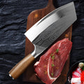 A 320mm long stainless steel kitchen knife with a 40cr13 steel blade on a kitchen counter.