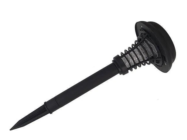 Black solar-powered insect killer garden lamp with white LED and UV purple light.