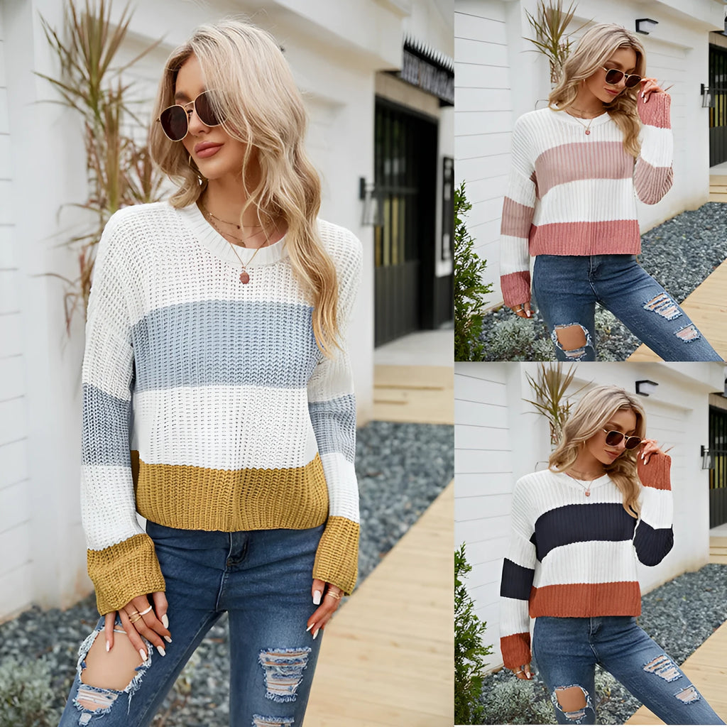 Women's short striped casual pullover sweater in loose fit, shown in dark blue, pink, or yellow colour options.