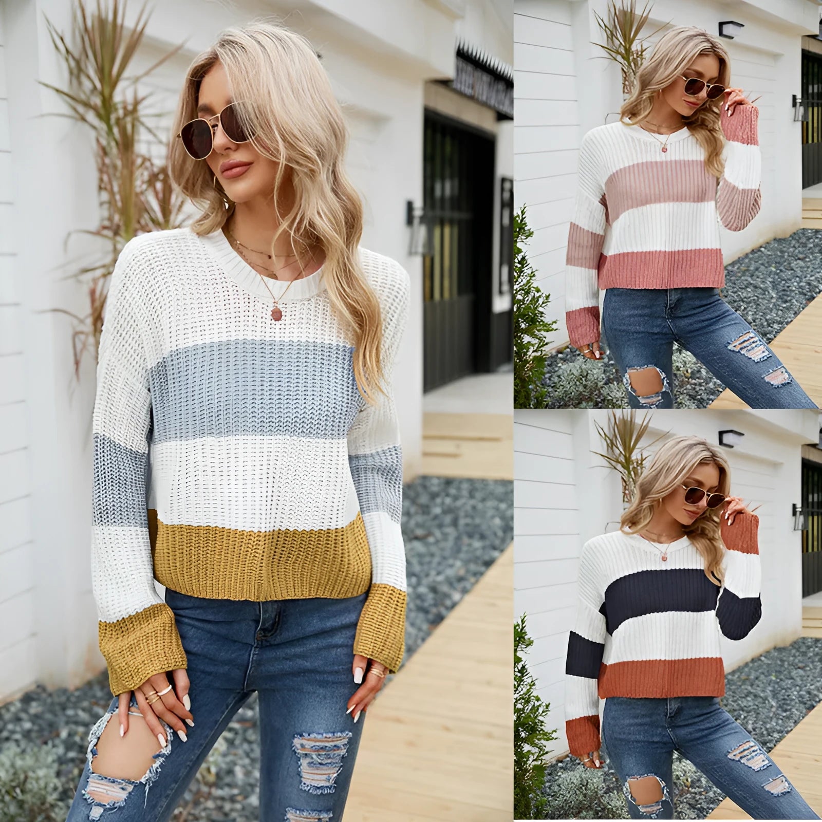 Women's short striped casual pullover sweater in loose fit, shown in dark blue, pink, or yellow colour options.