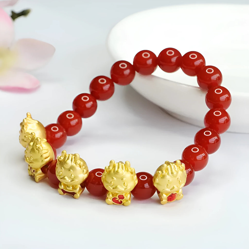Red agate bracelet with carved Chinese dragon pattern on 8mm beads