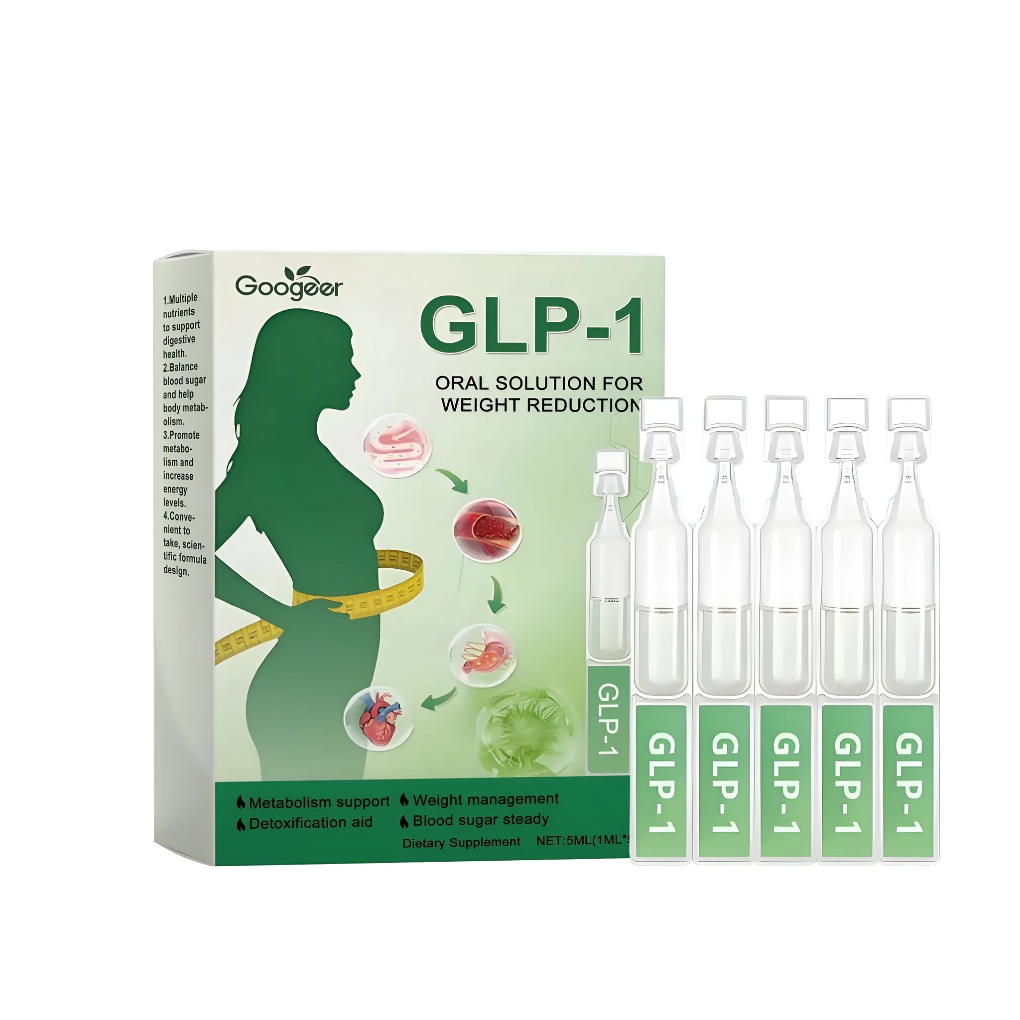 Pack of five 1ml slimming and shaping drops with green tea Moringa and turmeric